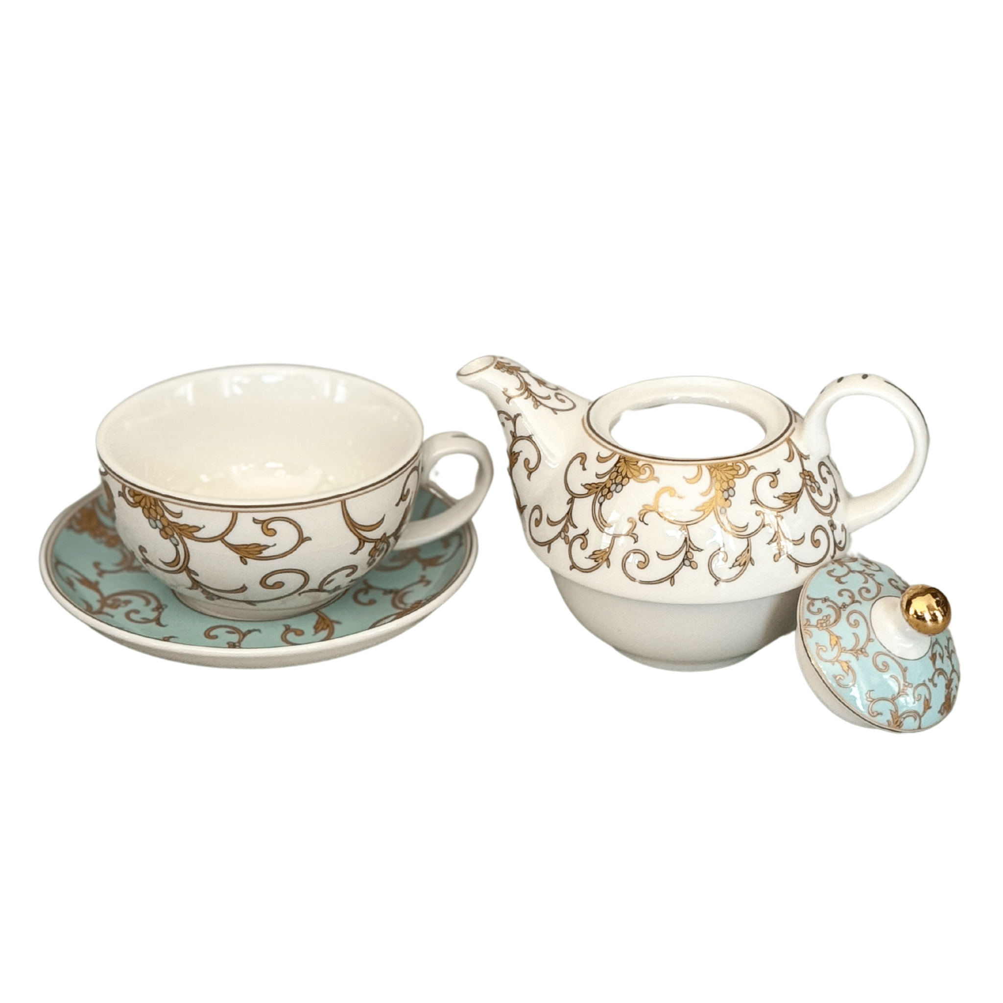 AQUA & GOLD SCROLL TEA SET FOR ONE - FINE PORCELAIN - PLUME & WILLOW